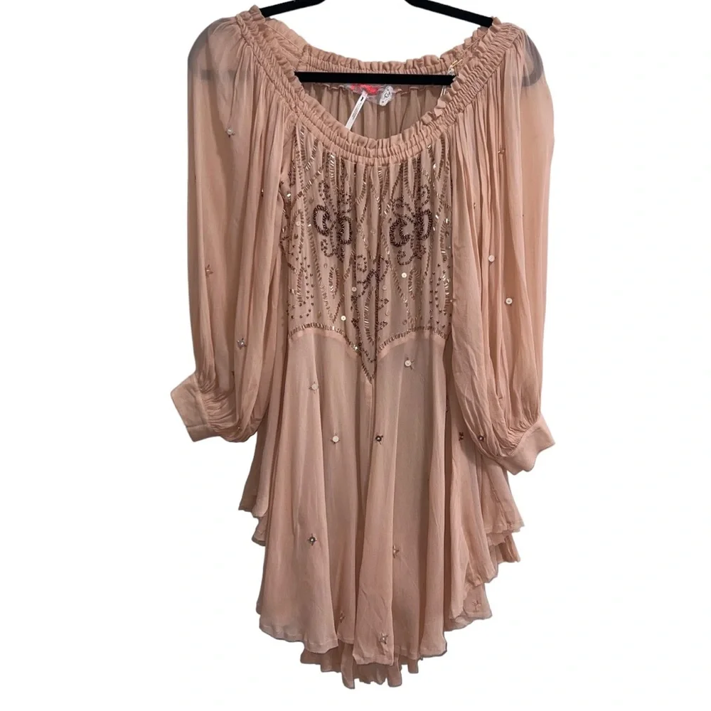 NEW NWT Free People Off The Shoulder Embellished Moon Gleam Dress Rose Smoke - Picture 4 of 10